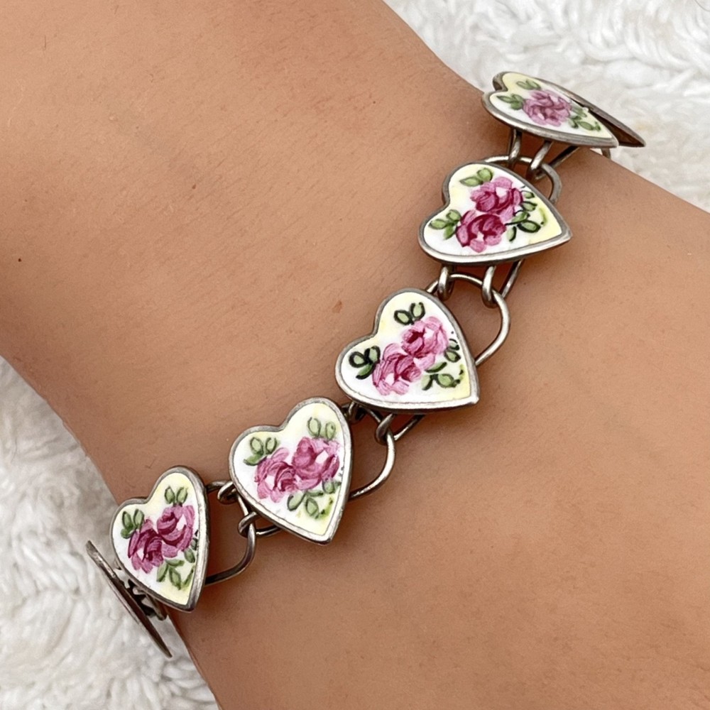 Vintage Sweetheart Bracelet Sterling Painted Heart Bliss Brothers Fits 7″ Wrist