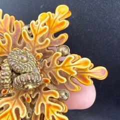 Vintage Enamel Brooch Clip on Earrings Set Flower Fall Acorn Tree Autumn