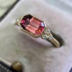 Art Deco Style Pink Tourmaline Lab-Created Diamond Ring 14K Yellow Gold FN