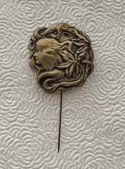 Vintage Art Nouveau style Lady Face Stick Pin brass tone metal