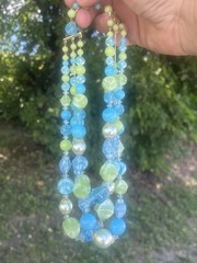 Vintage Multi-Strand Blue Green Glass Beaded Statement Necklace Round Beads Hook