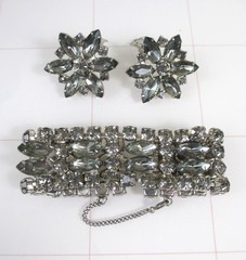 Vintage Silver Smoky Gray Navette Rhinestone Bracelet Earrings Set Kramer Style