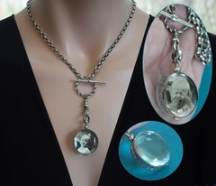 Sterling Silver Heavy Rolo Chain Glass Locket Watch Swivel T Bar Toggle Closure