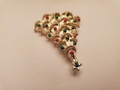 Vintage Holiday Brooch Features Tiered Gold-Tone Branches Decorated With Red And