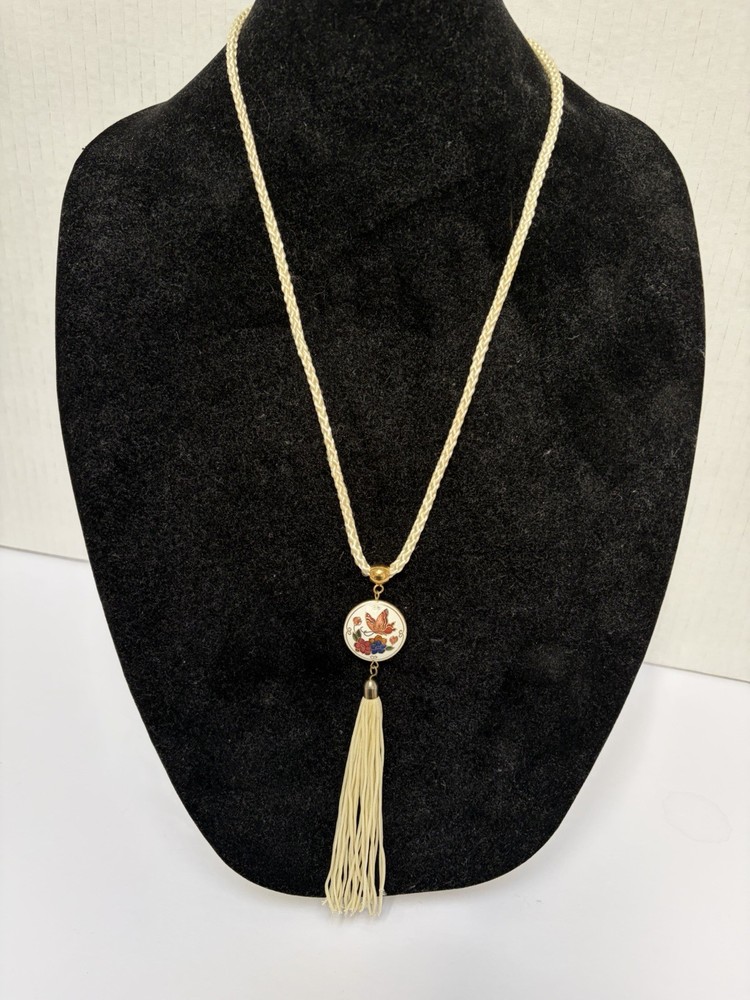 Vintage Double Sided Cloisonné Pendant On Braided Cord Tassel 19 Inch Length