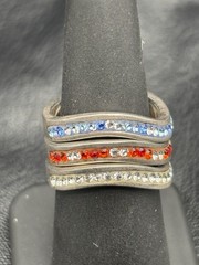 Vintage Sterling Silver Ring stackable Rhinestone Red White Blue USA July Sz 7