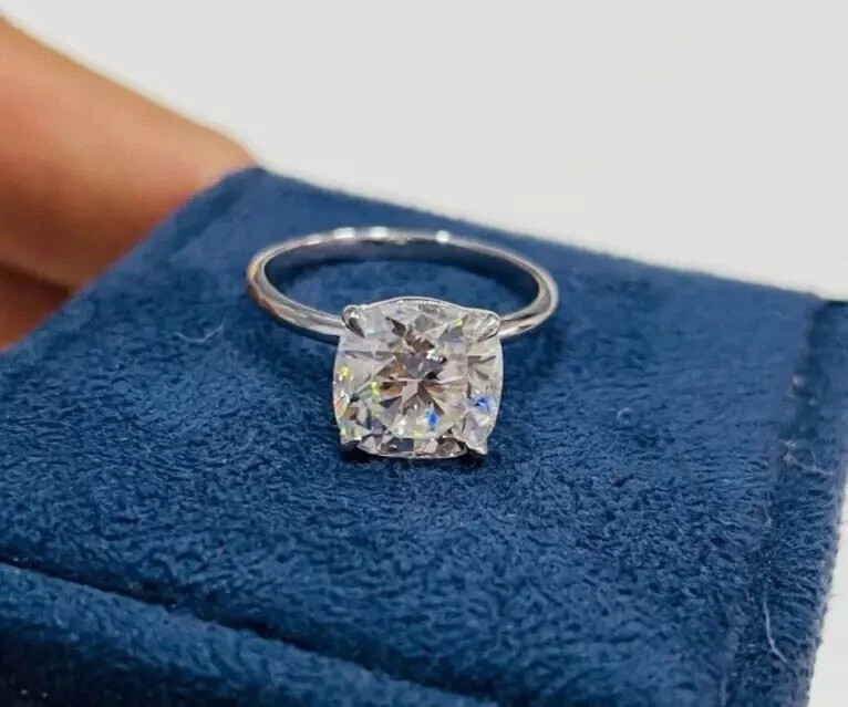 10MM Cushion Cut Lab Created Diamond Solitaire Engagement 14K White Gold FN Ring