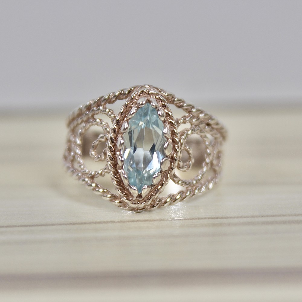 Silver Blue Topaz Ring, Filigree Sterling, Marquise Cut Natural Stone, 5/8″ Long