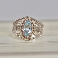 Silver Blue Topaz Ring, Filigree Sterling, Marquise Cut Natural Stone, 5/8″ Long
