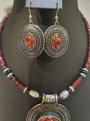 Vintage Premier Designs Red Spice Jewelry Set Bracelet Earrings Necklace Pendant