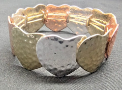 Hammered Heart Bracelet Silver Gold Copper 3 Tone Overlapping Shiny Stretchable