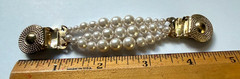 Gold Toned Three Strand Faux Pearl Sweater Cardigan Clip 1990s 4.5″ x 0.5″