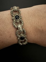 Vintage 7.5” Silver Tone Marcasite And Black Stone Art Deco Bracelet Unsigned