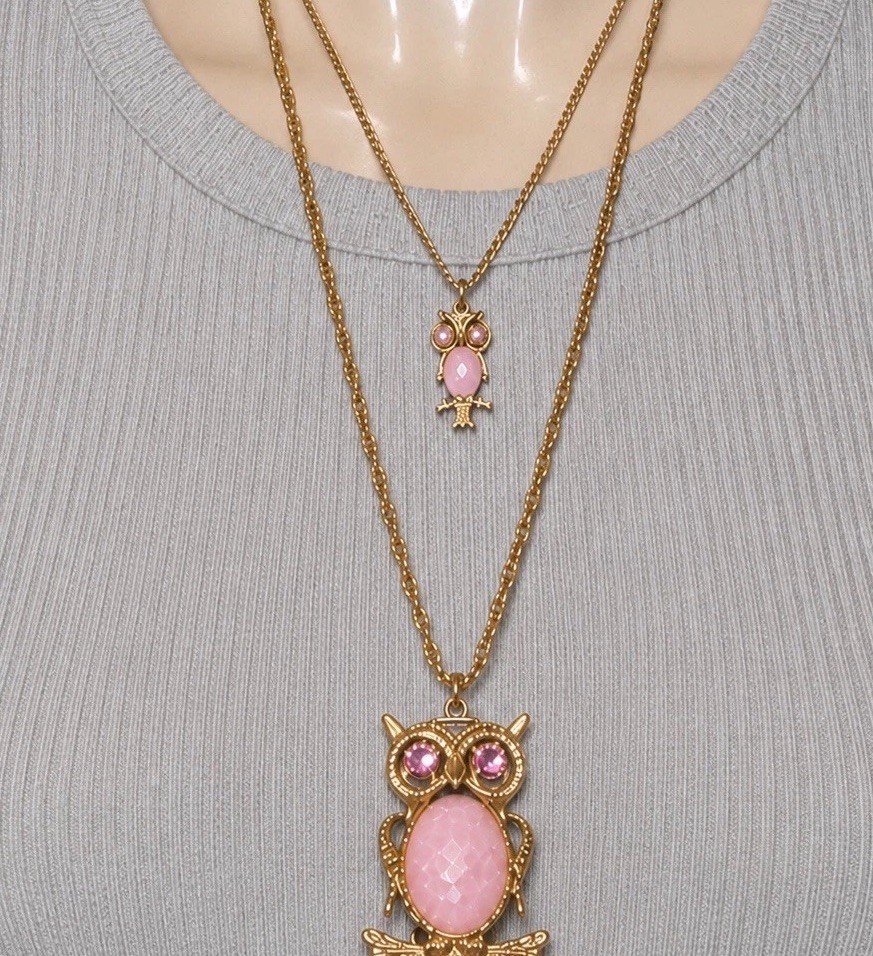 Vintage Double Strand Owl Necklace Pink Cabochon Gold Tone Layered Pendant