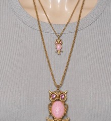 Vintage Double Strand Owl Necklace Pink Cabochon Gold Tone Layered Pendant