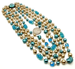 Vintage Japan Multi Strand Beaded Choker Necklace Blue Gold Mid Century 16″