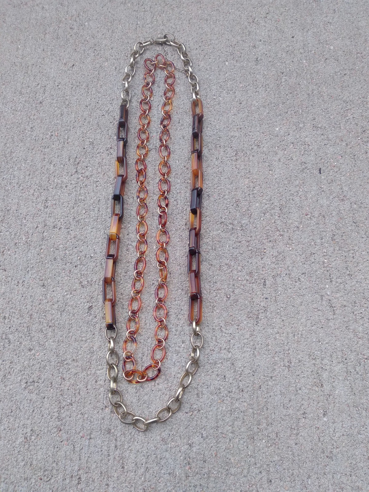 Vintage Faux Turtle Shell Necklace 28in Chain Link Gold Tone