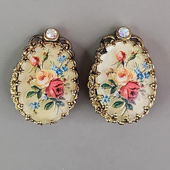Vintage Flower Clip On Earrings Glass Transferware Germany Gold Tone Filigree