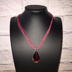 Vintage Statement Pendant Necklace Silver Tone Red Lucite Cord Romantic Academia