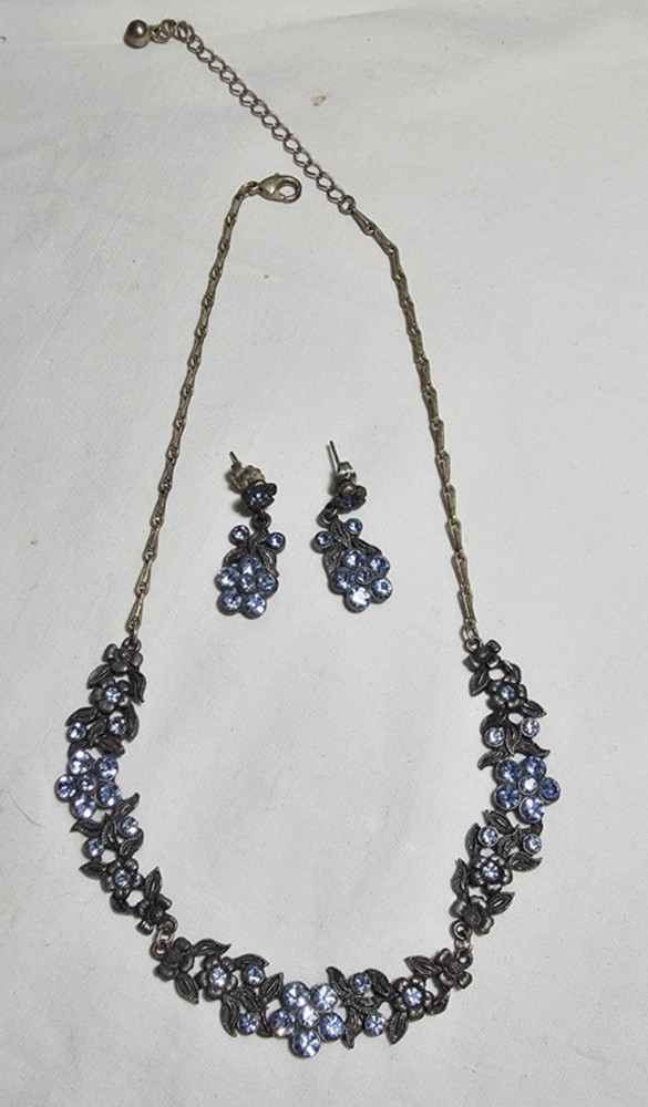 Vtg Antique Silver-Color Light Blue Rhinestone – Untested – Necklace & Earrings