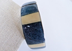 Vtg Estate Jewelry Artisan Metal Cuff Bracelet Coral Denim Blue & White Inlay
