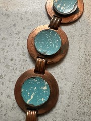 Vintage Mid Century Copper Link Panel Bracelet Blue Enamel Some Flaws H5