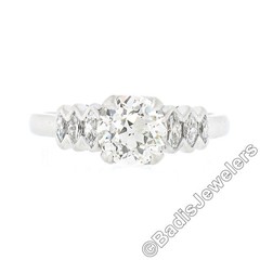 Vintage Platinum 1.35ct GIA European Diamond w/ Marquise Accents Engagement Ring