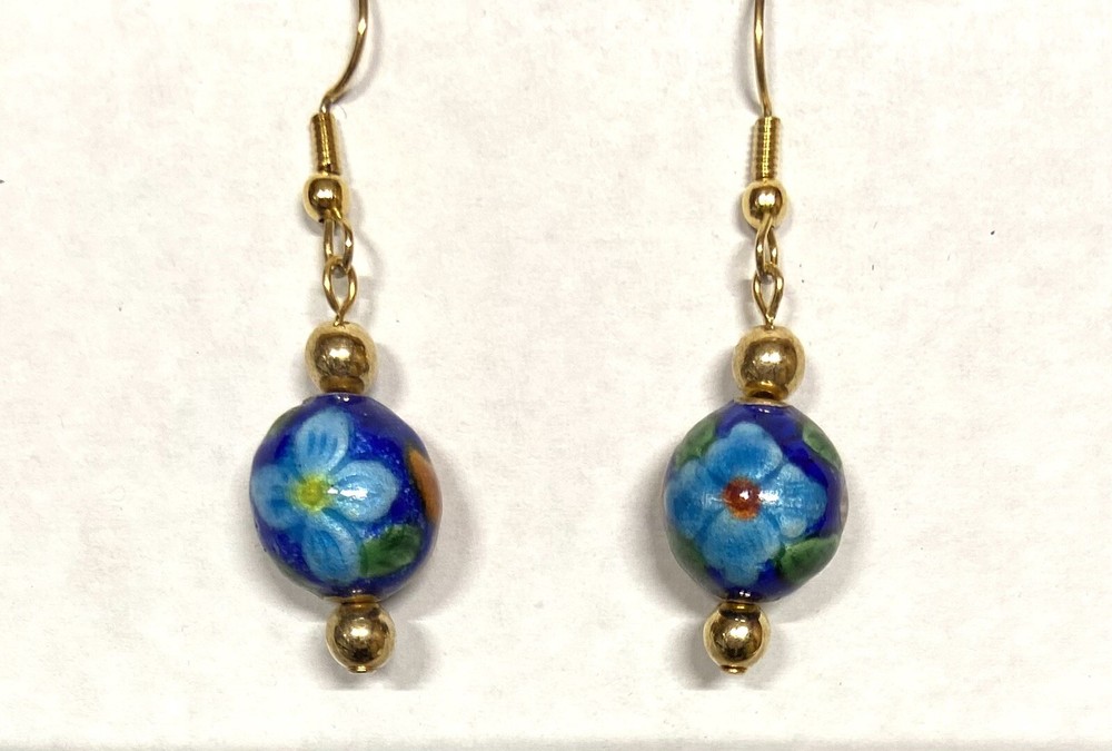 Vtg. Chinese Enamel Dangle Earrings Ball-Gold Tone-asst color flowers on Dk Blue