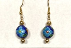 Vtg. Chinese Enamel Dangle Earrings Ball-Gold Tone-asst color flowers on Dk Blue