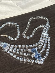 Vintage Silver Plate Blue Rhinestone Baguette Emerald Cut Collar Necklace 15”