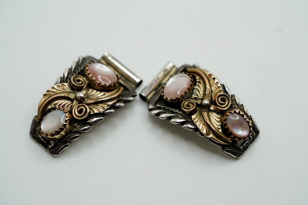 Vintage Sterling Silver and Gold Mother Of Pearl Womans Watch Tips JB48