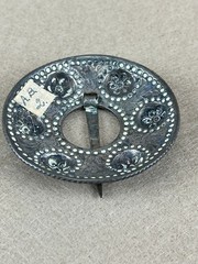 Antique Latvian Round Repousséd Brooch Pin ~2 ¾” Folk Metal Costume Jewelry