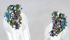 Lisner Vintage Rhinestone Bracelet & Earrings Blues Greens ABs Silver-Tone