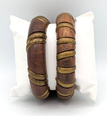 Chunky Wood Bangle Bracelets Brass Inlay Brown Boho Chic Set of 2 Vintage