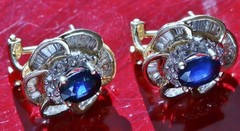 14k yellow gold earrings 3.70ct natural treated sapphire, natural diamond 8.1g