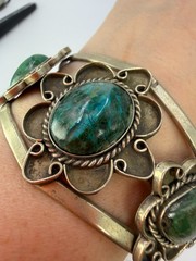 Vintage Bracelet Cuff Southwest Mexican Green Blue Cabochon Womens 6- 6.5 inches