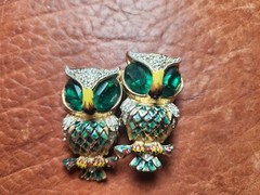 Vintage Coro Green Glass & Enamel Duette Owl Pin With Earrings