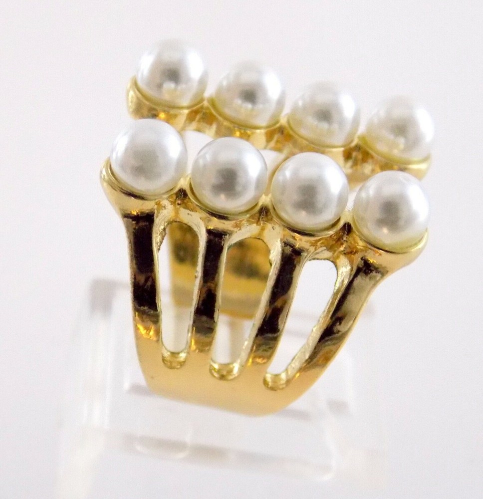 Goldtone Metal Faux Pearl Statement Ring Open Band Design Size 6.25 Gold Tone