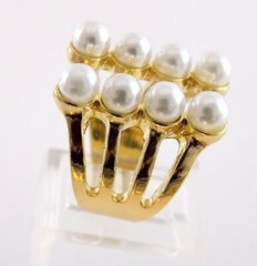 Goldtone Metal Faux Pearl Statement Ring Open Band Design Size 6.25 Gold Tone