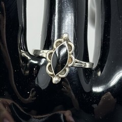 Vintage Signed Sterling Silver Marquise Onyx Flush Setting Size 7 Ring