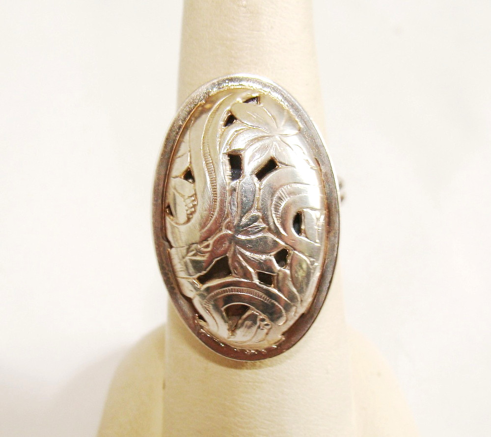 Vintage BEAU Sterling Silver 4.9g Carved Cut Out Floral Ring Adjustable SZ 6.5