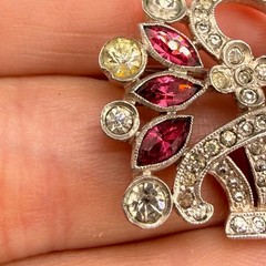 Vintage Pot Metal Flower Basket Rhinestone Brooch Silver Tone READ
