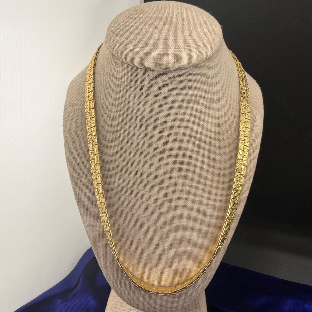 Vintage Herringbone Nugget Textured Chain Necklace Gold Tone 32”