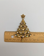 Vintage Christmas Tree Brass Tone Brooch Pin with Aurora Borealis Rhinestones