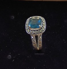 Vtg London Blue Topaz Marcasite Halo Ring sz 7 925 Sterling 4 gm ExcCond Must C