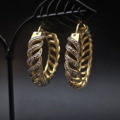 JTV 14K Gold Plated Brass Hoop Earrings Diamon Chip Accents