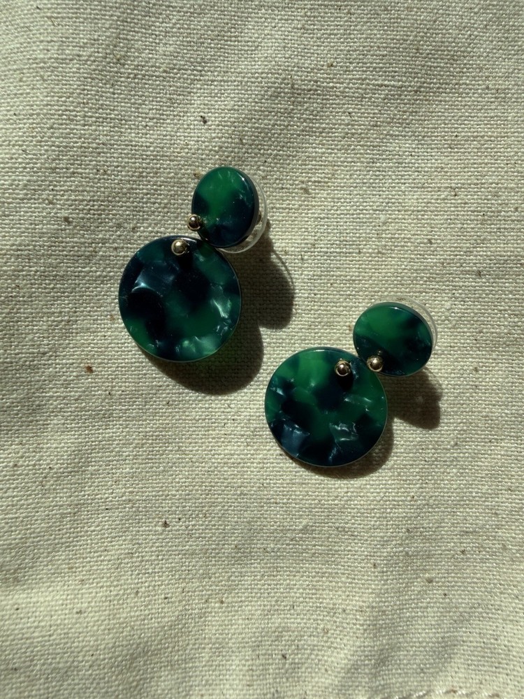 Green Resin Gold Double Circle Drop Earrings Mermaid Art Deco Boho Coastal