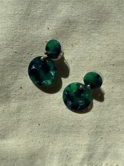Green Resin Gold Double Circle Drop Earrings Mermaid Art Deco Boho Coastal