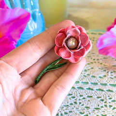 Vintage Pink Enamel Rose Brooch Faux Pearl Floral Pin Mid Century Cottagecore