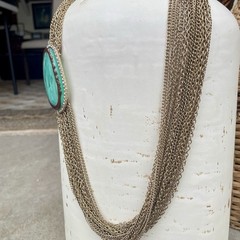 Vtg Multi Strand Gold Tone Chain Statement Necklace Marbled Green Rhinestones